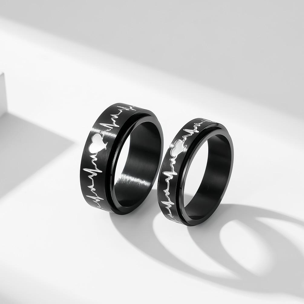 Titanium Steel Rotating Electrocardiogram Couple Ring, Heartbeat, Decompression, Stainless Steel Matching Ring, Hand Jewelry