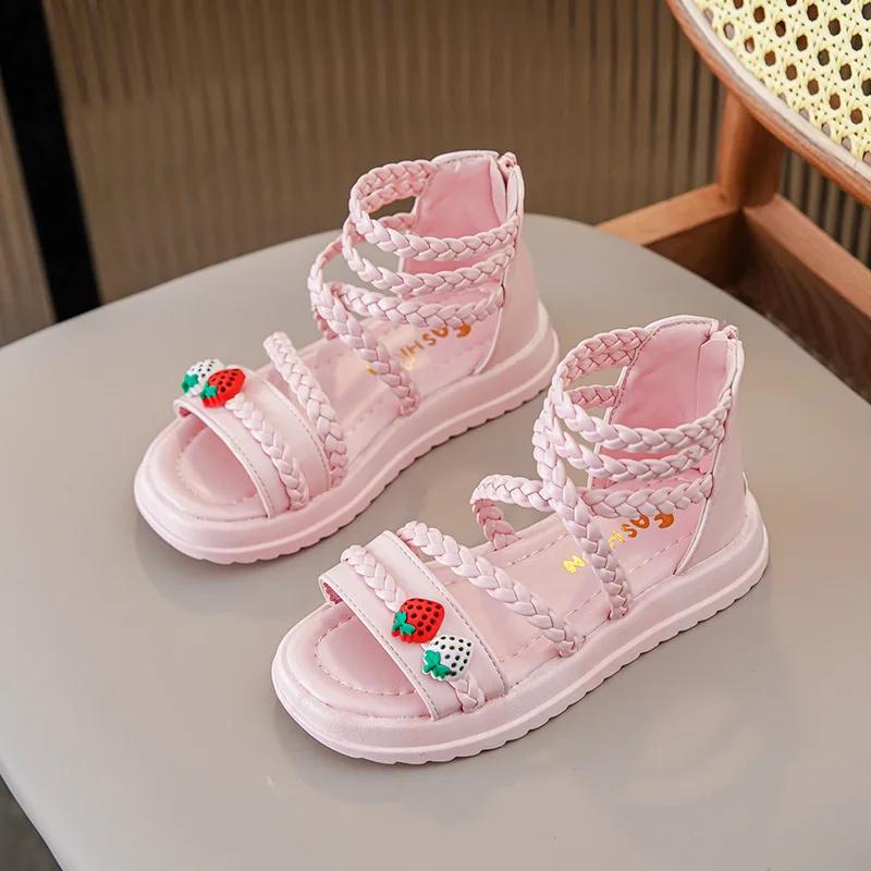 Girls Sandals Summer Cute Strawberry Children Princess Causal Gladiator Sandals Fashion Open-toe Kids Thick Bottom Roman Sandals