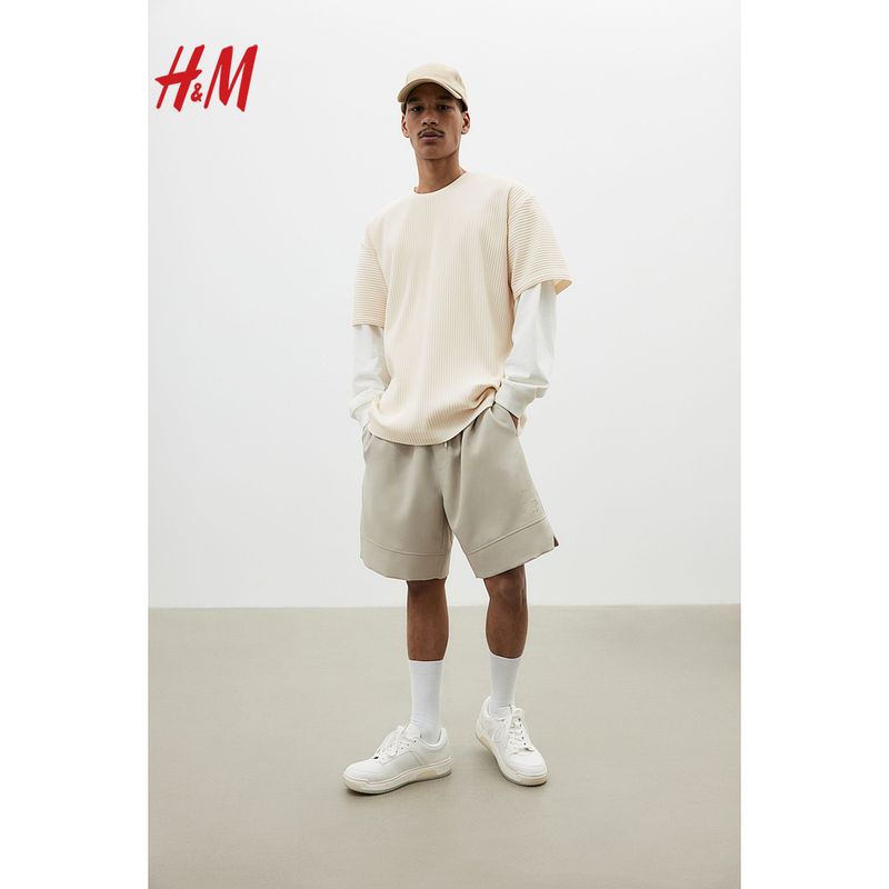 

HM Men s T-shirt Summer Loose round Neck Rib Drop Shoulder Comfortable Short Sleeve Pleated Tops 1229331 Light beige 170/92A