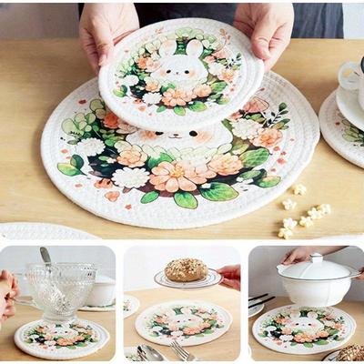 3pcs Green Rabbit Round Thermal Insulation, Kitchen Accessories,Pad Retro Home Dining Pad Thermal Insulation Pot Pad Cute Cotton Tray Pad