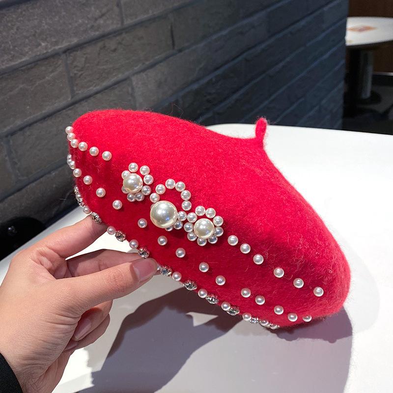 Autumn And Winter Wool, Pearl, Rhinestone, Beret, Female Korean Version, Japanese Trendy And Fashionable Painter Hat
