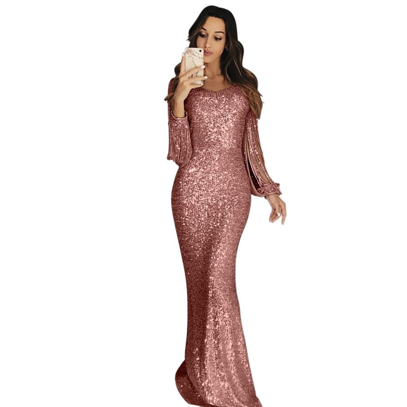 

European and American-Style Autumn and Winter Tassel Long Dress Sexy Slimming Evening Dress Pink M