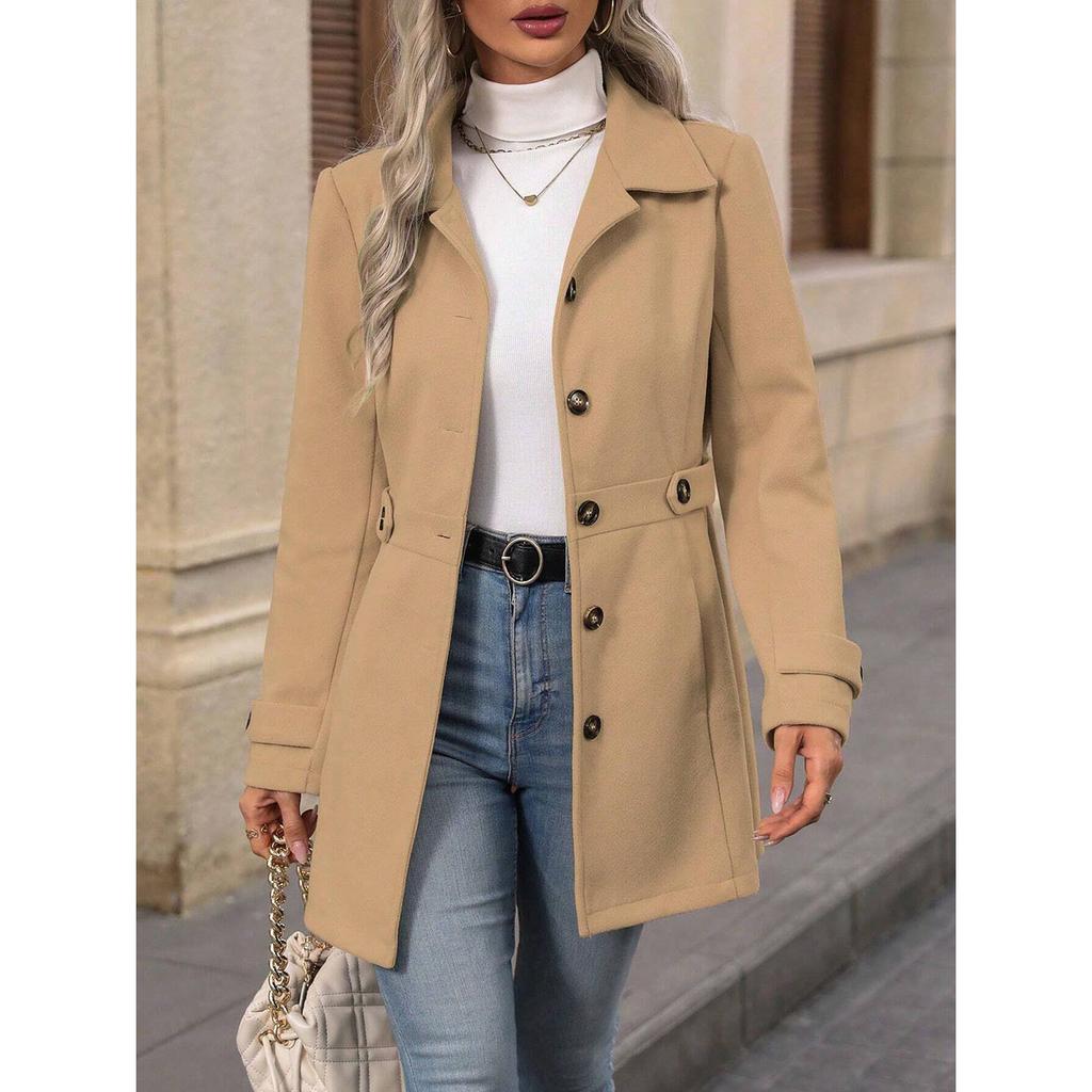 Women's Notched Lapel Wool Blend Coat, Slim Fit Belted Waist Trench with Thermal Lining, Elegant Office Chic Overcoat for Commute With Pockets
