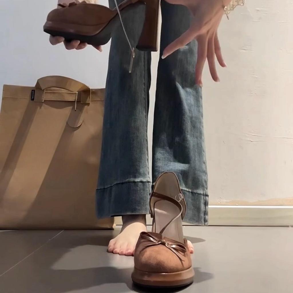 French Retro Mary Jane Shoes Women's 2025 New Bow Thick Heel with Skirt Hollow Single Shoes