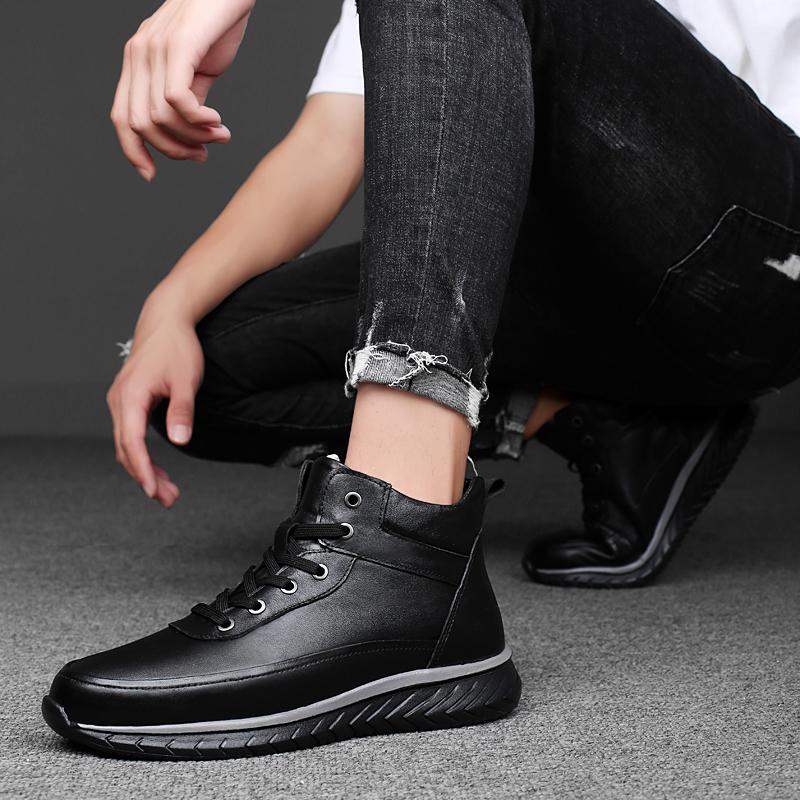 Fashion Mens Fashion Sneakers Genuine Leather Male Basic Boots Handmade Men's Low Top Casual Shoes Lace-Up Men Winter Plush Snow Boots