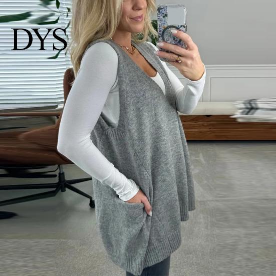 Sand Line Texture Vest Women Sweater V-neck Sleeveless Pockets Mid-length Knitting Jumper Tops Solid Color Autumn Winter Casual Knitwear Season