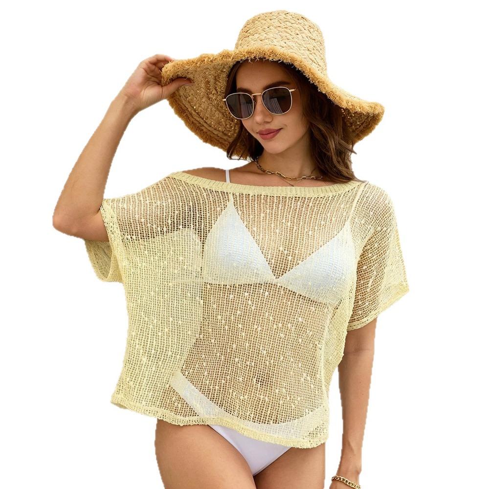 Open-front Short-sleeved Glittery Knitted Sweater with Snowflake Embellishments, Round-necked Beach Cover-up, Layered Cover-up