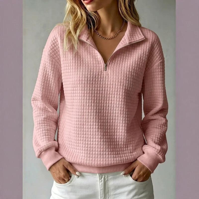 Women S Loose Fit Waffle Solid Color Stand Collar Zip Up Long Sleeve Sweatshirt