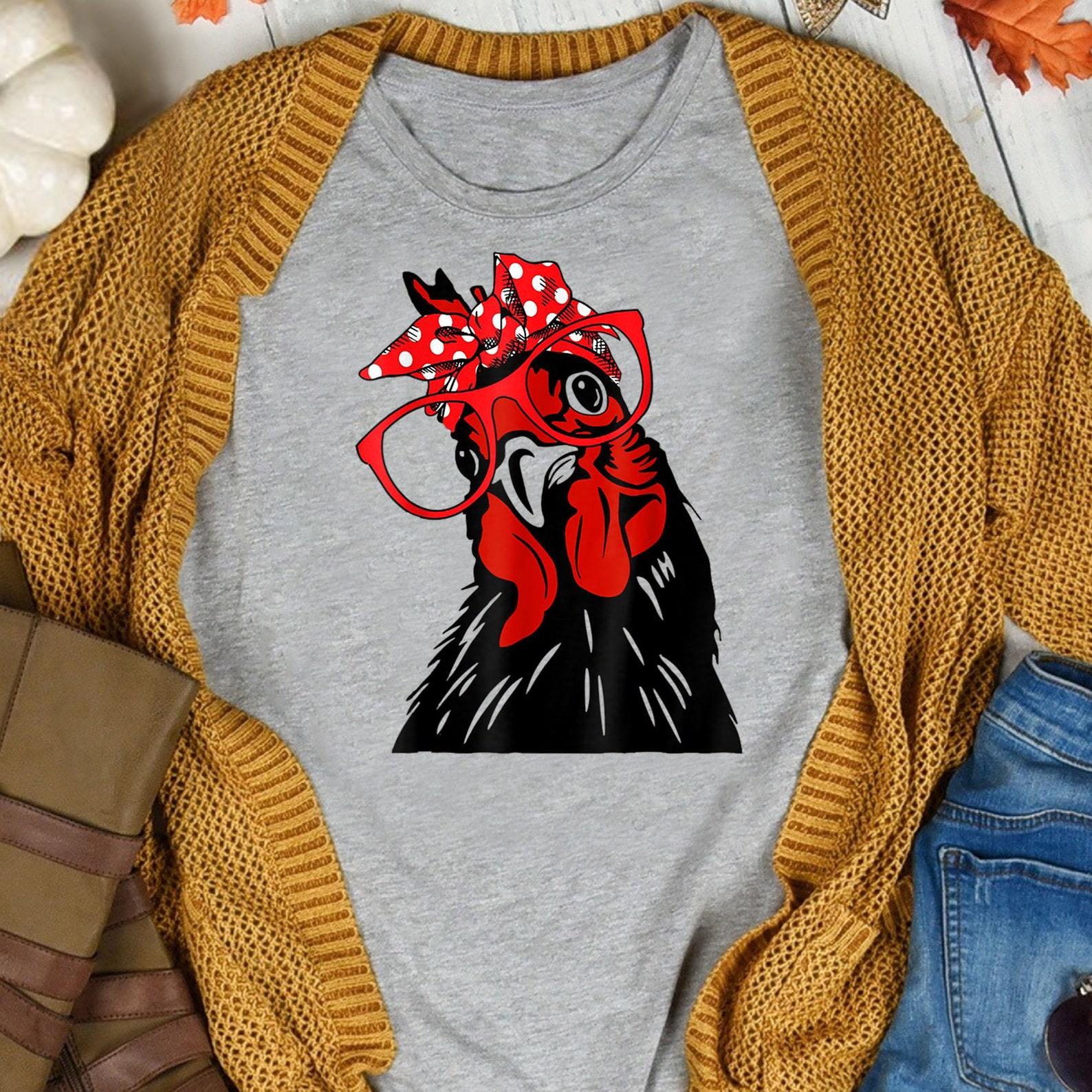 cute Women Girl Chicken With Bandana Headband and Glasses T-Shirt - Funny Chicken Shirt, Farmer Shirt, Farmer Shirt, Farm Tee S