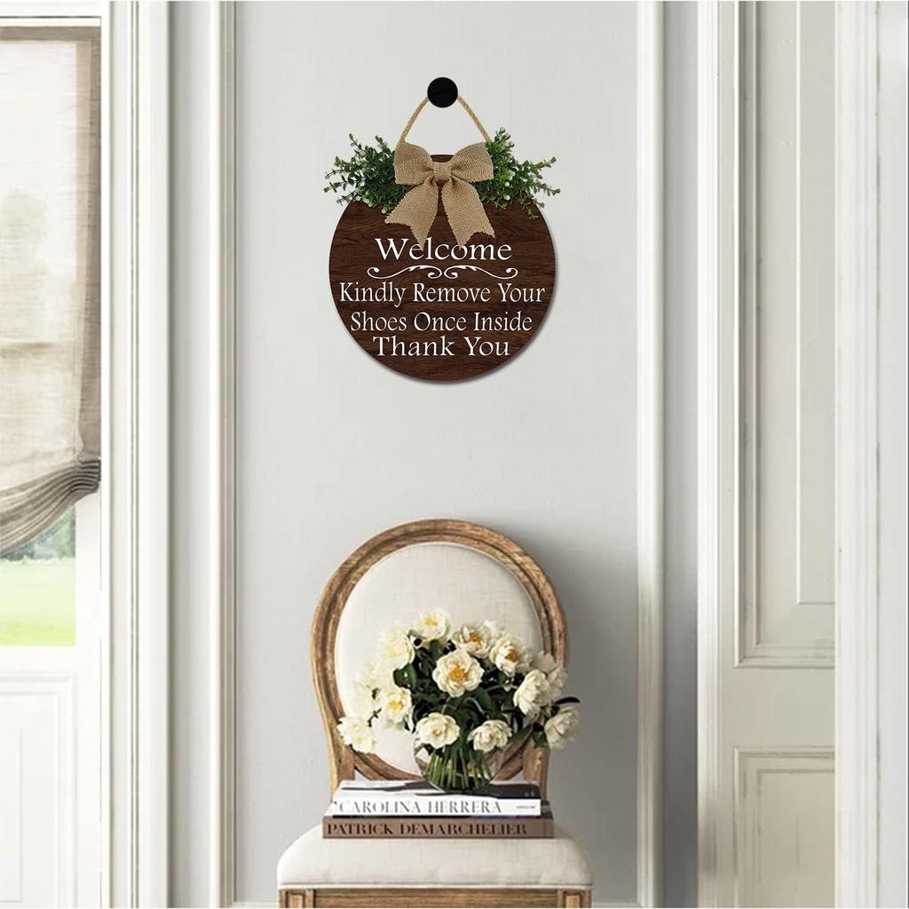 Welcome Kindly Remove Your Shoes Once Inside Thank You Wood Sign Home Decor Door Wall Hanger Keep Clean Manners Take Off Shoes 11*11 Inches Round