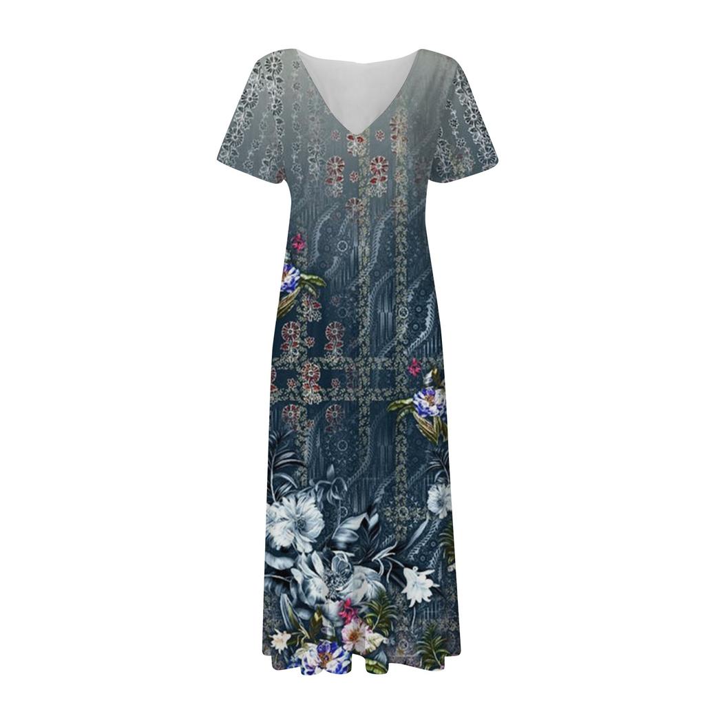 Women's Fashion And All- Summer Temperament V-neck Printed Short-sleeved Dress