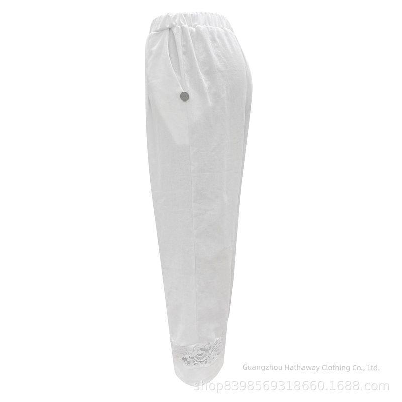 Women clothes European and American Spring and Summer Lace Stitching Button Elastic Waist Women Casual Pants White Hollow Pants Pants