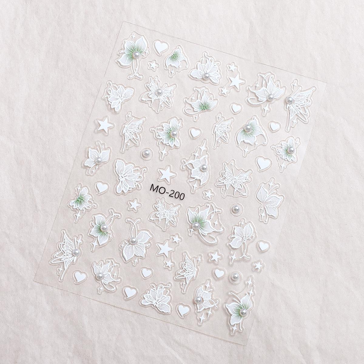 Elegant White Pearl Flower Nail Stickers with Crystal Diamond Embossing and Adhesive Backing