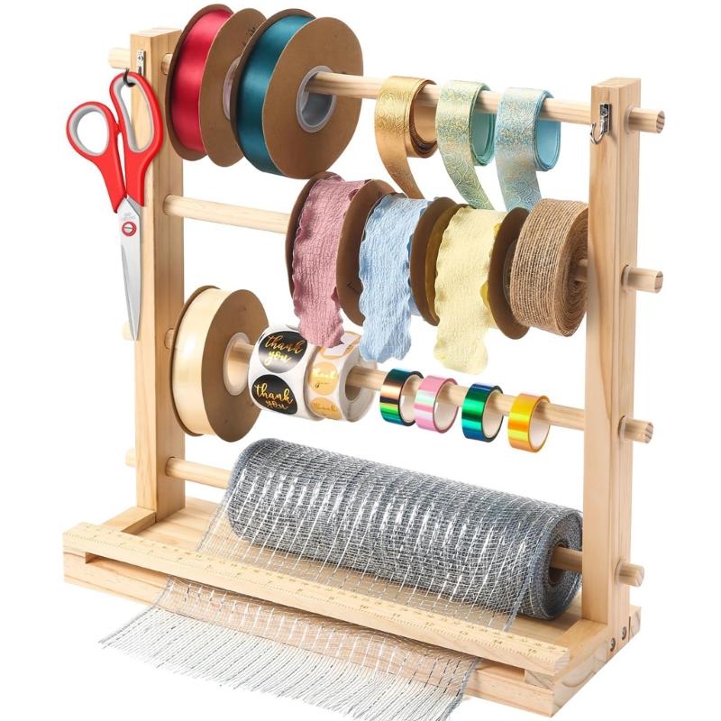 4 Tiered Wood Ribbon Holder with Hanging Hook Wood Scale Ruler Storage Ribbon Spool Holder Sewing Supply Organizers