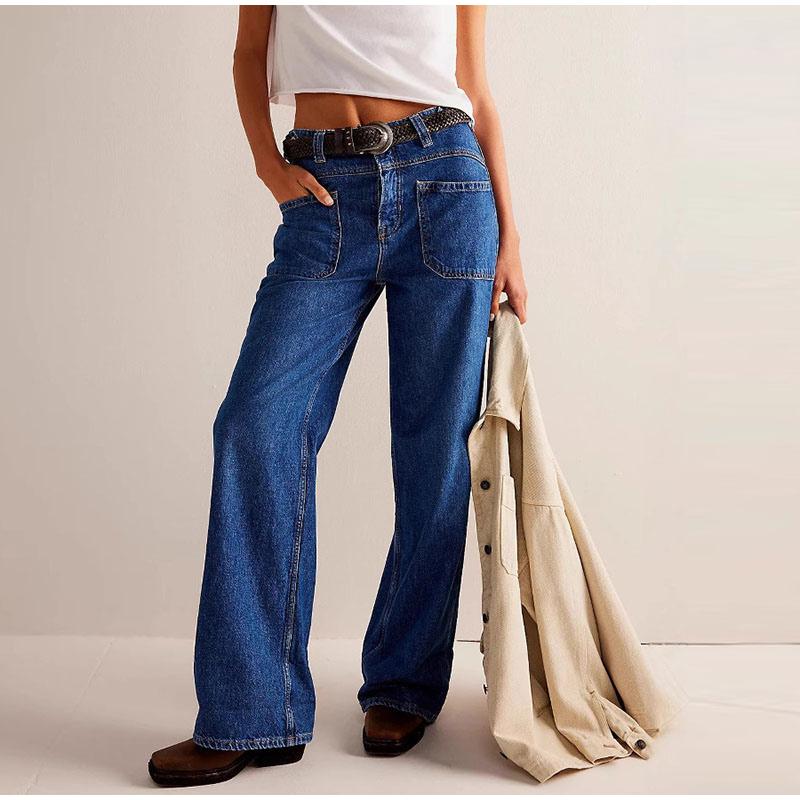 

Casual Women s Denim Jeans Mid Waist Pockets Buttons Basic Straight Wide Long Jeans 2026 Spring Summer High Street Female Trousers S темно-синий