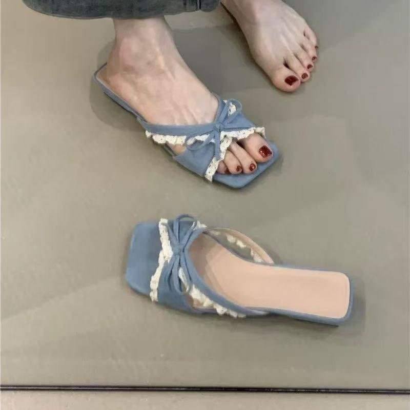 Fashion 2025 Designer Summer Butterfly-knot Lace Women Slippers Casual Thick Low Heel Dress Street Style Slides