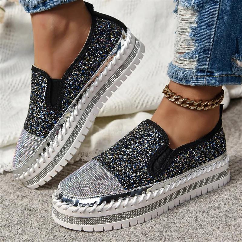 2024 New Sneakers Women Casual Shoes Fashion Rhinestone Crystal Platform Slip-on Women Flats Luxury Comfortable Women Sneakers