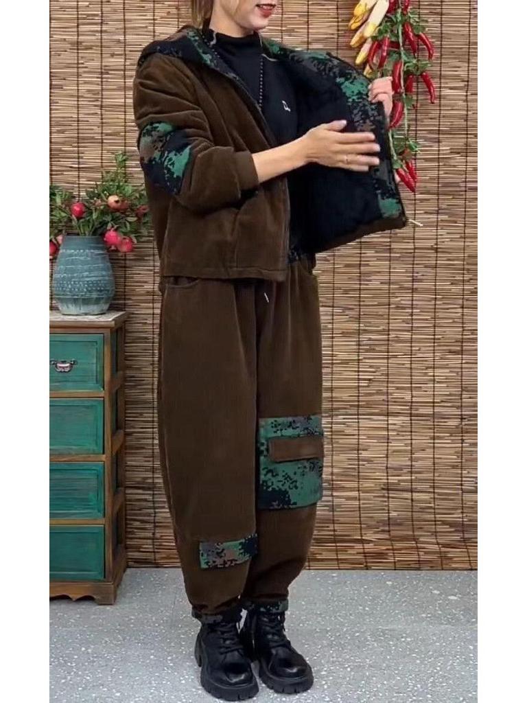 Cord-Kapuzenjacke & Hose Set mit Flanellfutter – Große Größen, Locker & Stilvoll für Herbst/Winter.