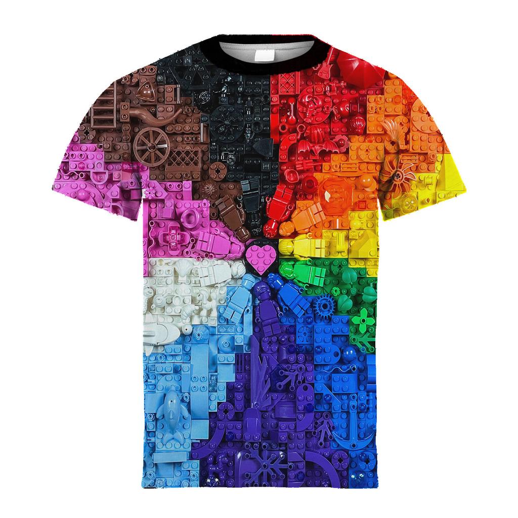 T-shirt Grafica a Blocchi Degradé da Ragazzo Stampa Digitale 3D Casual Elastica a Maniche Corte per Attività Estive all'Aperto Abbigliamento per Bambino