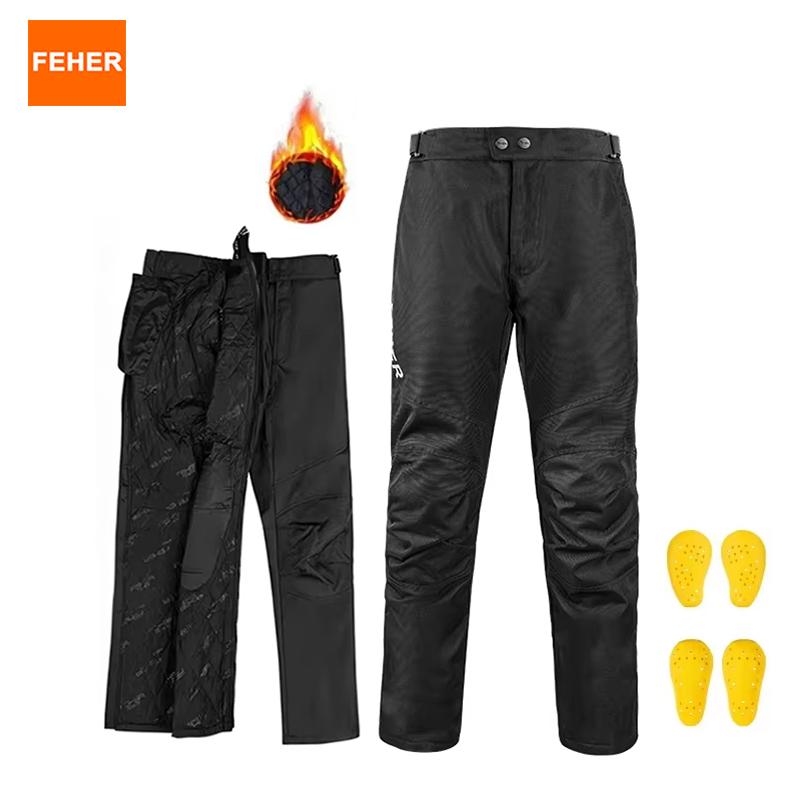 FEHER Winter Motorcycle Pants Waterproof Quick-release Thermal Motorbike Trousers Unisex Built-in Removable CE Protective Gear