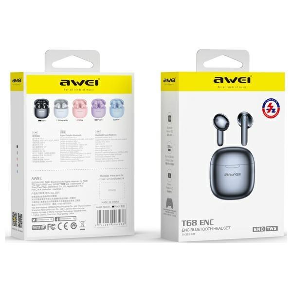 Awei Sluchátka Bluetooth 5.3 T68 Enctws + Dokovací stanice Černá/Black