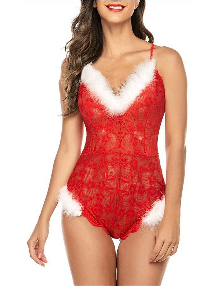 Body de Noël Sexy en Dentelle Transparente avec Bordure en Fausse Fourrure