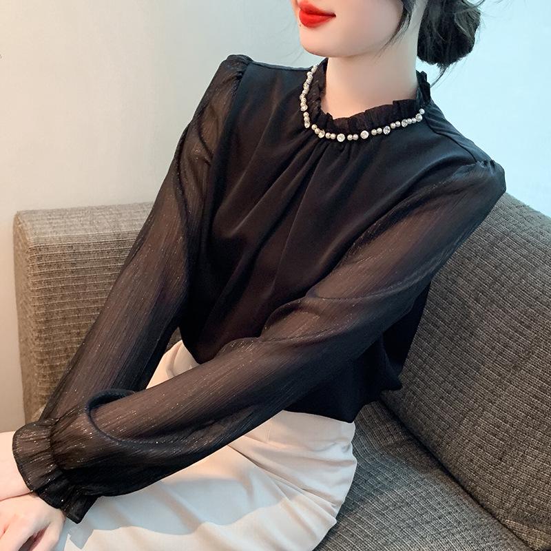 Fast 8628: Women's Fashionable Chiffon Long-Sleeve Shirt, Beaded for Spring 2025 - Professional and Versatile Commuter Top.