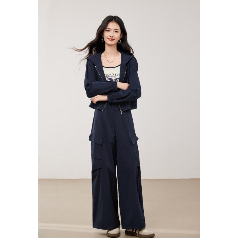 Women's Autumn Workwear-Inspired Sportswear Set: Cropped Jacket & Wide-Leg Pants