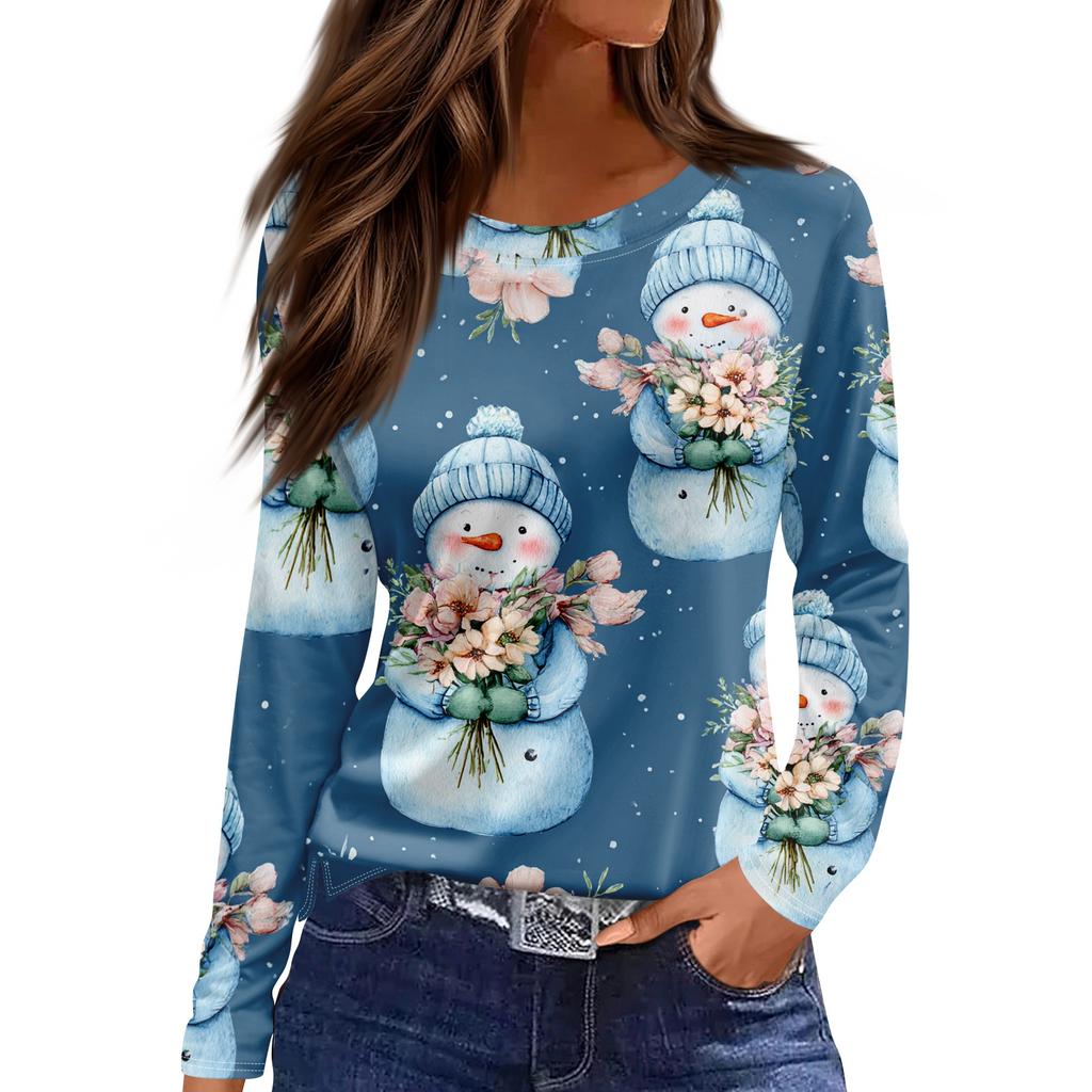 Dame Mote Casual Slitt Kant Rund Hals Langermet Løs Trykket T-skjorte Topp