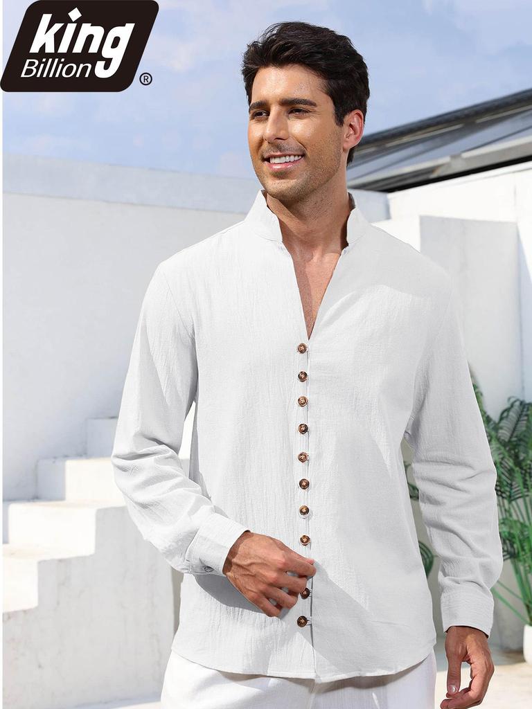 Men's Linen Cotton Blend Long Sleeve Shirt - Stylish Single Breasted Henley Neck Casual Tops for Daily Wear