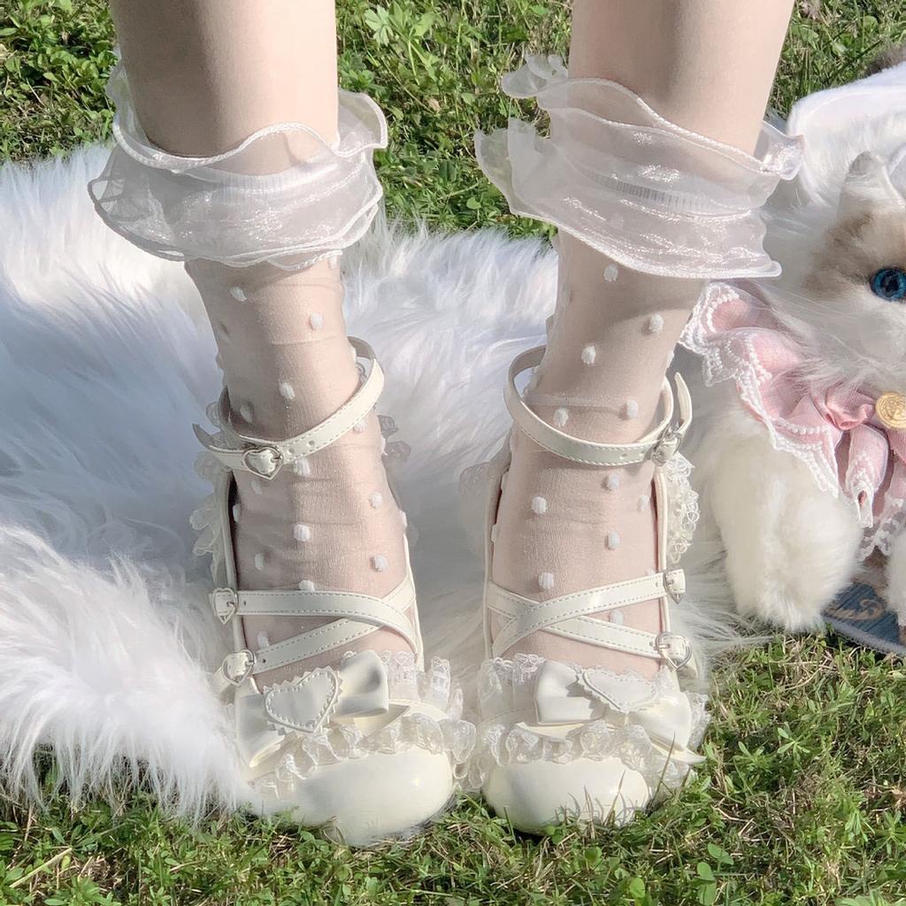 New Lolita Bowknot Polka Dot Mid-Calf Nylon Anti-Slip Socks Sweet Girl Summer Edition