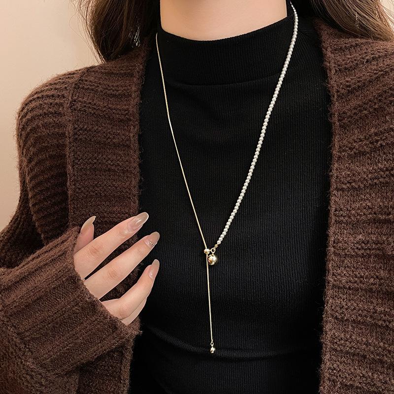 Long Winter-spring Style Adjustable Pearl Ball Sweater Necklace with Delicate Snake Bone Chain
