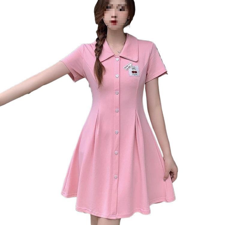 Sweet college style splicing button lapel dress women's small summer waist A word short skirt