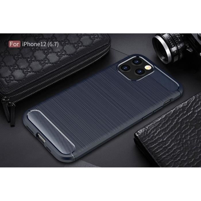 Coque pour iPhone 12 Pro Max (6.7") Pack 2 Verres Trempés Souple Design Fibre Carbone Protection Bleu Marine