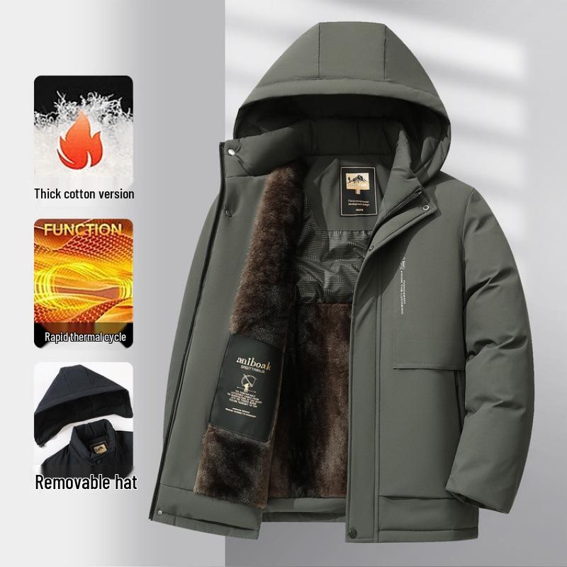 Men's Business Casual Hooded Winter Jacket - Thick Padded Cotton Outerwear for Middle-Aged and Elderly Warmth and Style.