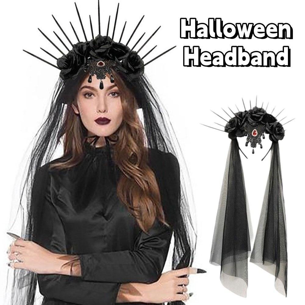 Gothic Halloween Headband Rhinestone Bride Hairband Headdress Veil Headband  Girl