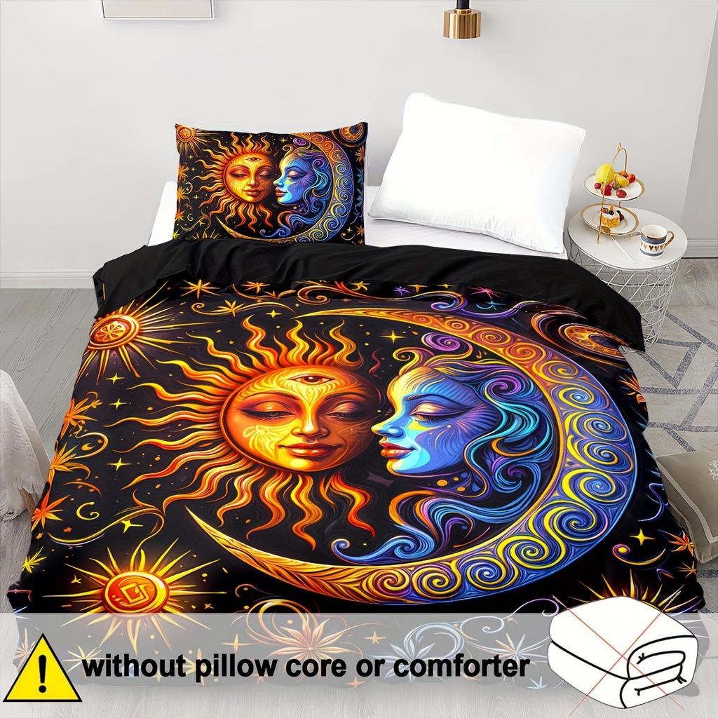 Fantasy Galaxy Duvet Cover Set - Breathable Polyester Bedding Sets With Zipper Closure, Sun And Moon Mandala Pattern, All-Season