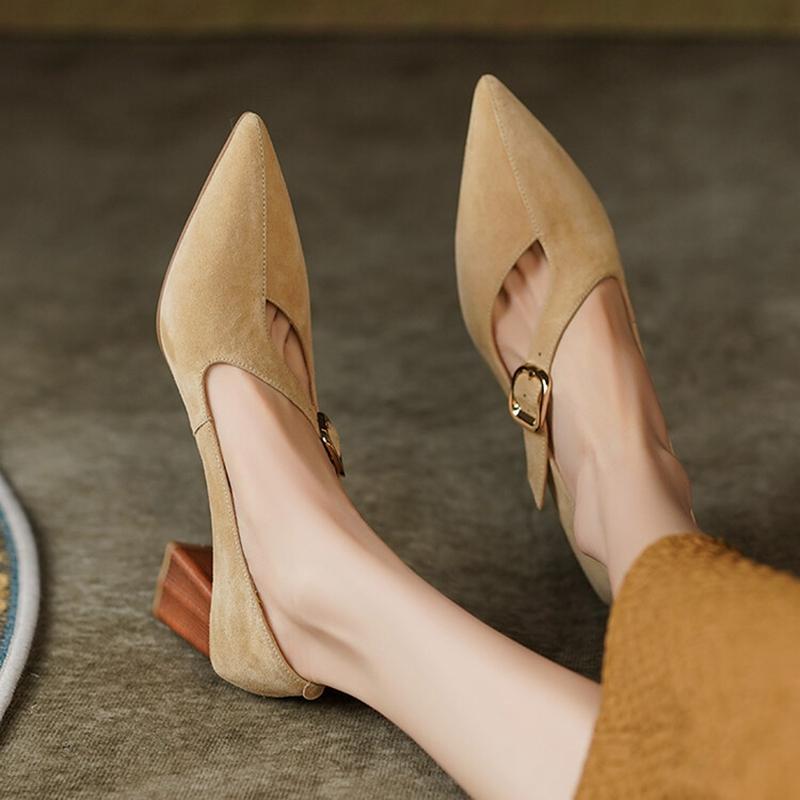 Fashion 2025 Spring Women Shoes Pointed Toe Chunky Heel Women Pumps Sheep Suede High Heels Belt Buckle Shoes for Women zapatos de mujer