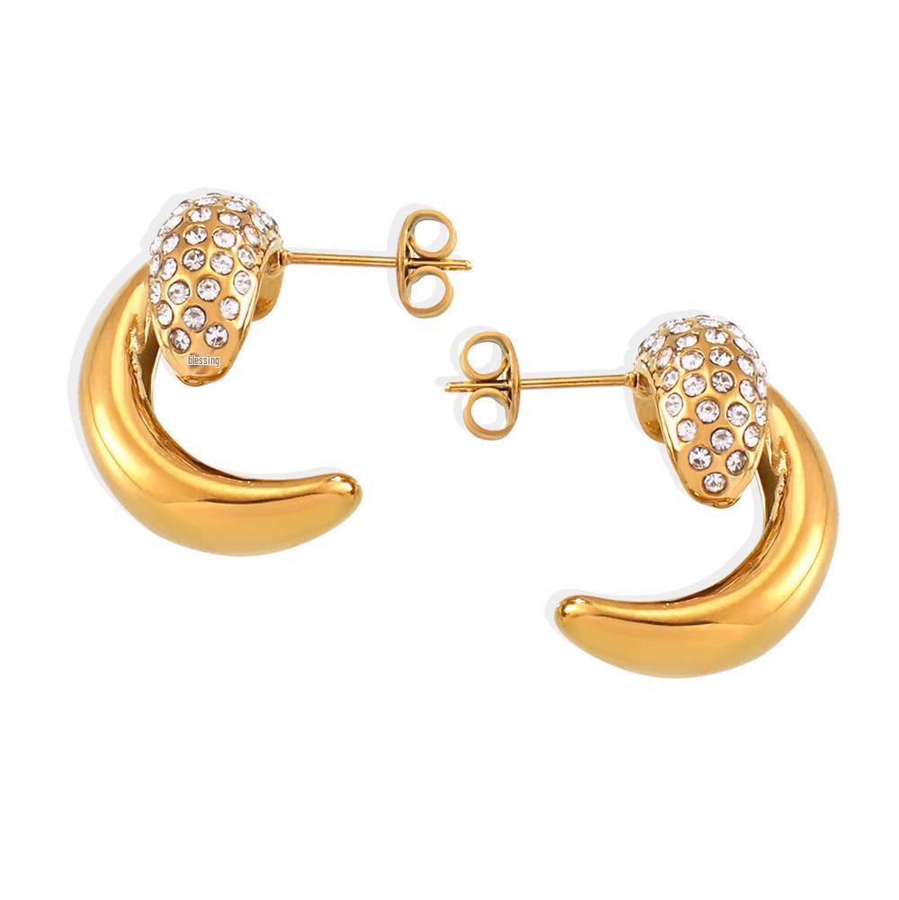 18K Gold Plated Crescent Moon Diamond Earrings - Exquisite Titanium Steel Jewelry