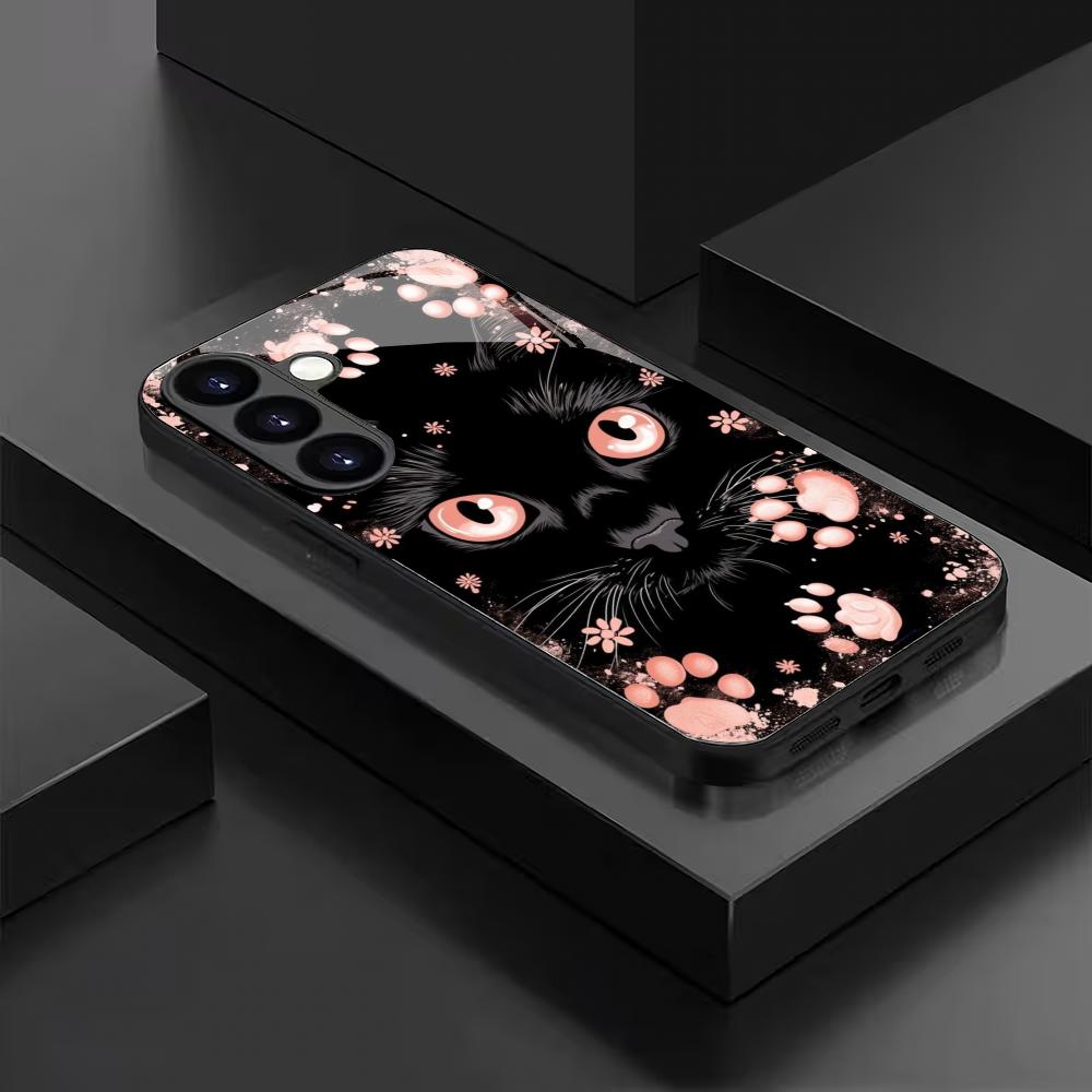 Cute Cat Tempered Glass Phone Case Suitable for Samsung Galaxy S26 S25 S24 S23 S22 S20 FE/Ultra/Plus5G Anti Drop Back Cover