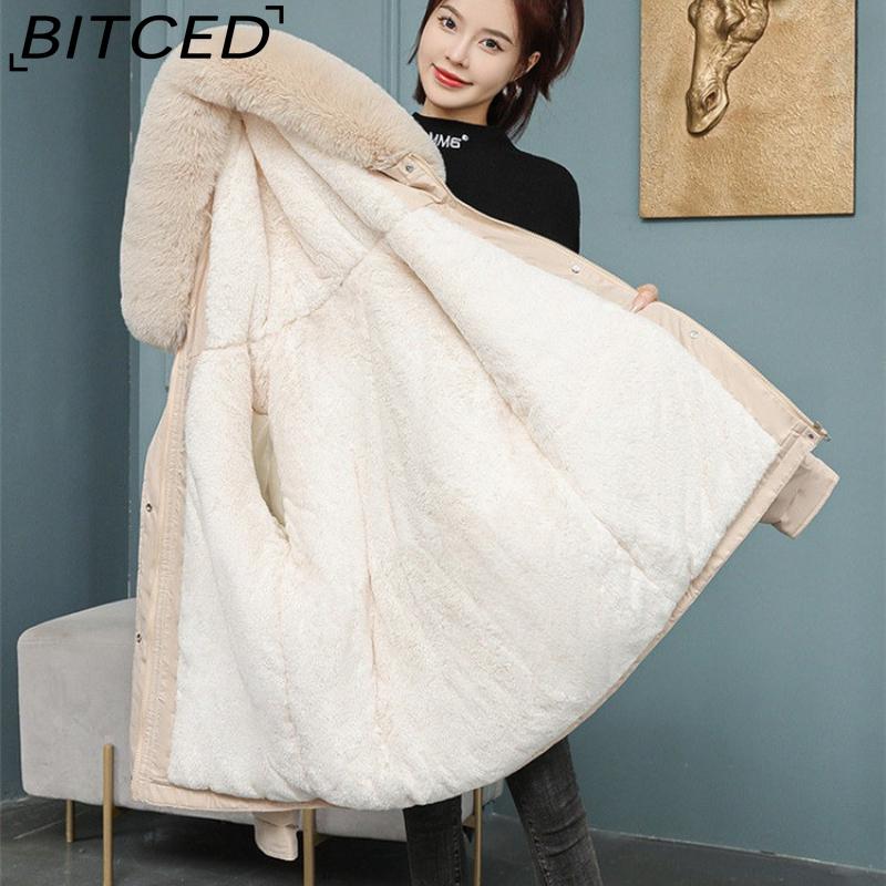 BITCED Women's Fleece-Lined Thickened Puffer Coat - Short Winter Style with Large Fur Collar, Slim-Fit and Flattering Cotton-Blend Outerwear