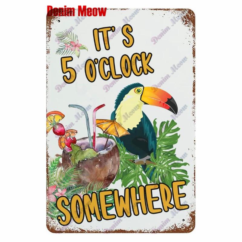 Metal Tin Sign Wall Decor, Vintage Parrot Cocktail Bar Plates, Kitchen Painting Decor, It's 5 O'clock, WY23