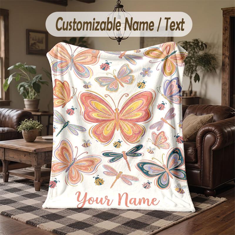 Butterflies Dragonflies Garden 2 Theme Throw Blanket Custom Name Text Personalized Blanket Soft Cozy Blanket for Home Sofa Bed