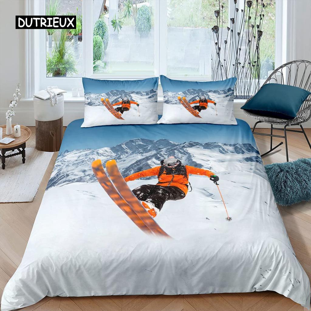 Ski-Bettbezug-Set, Cartoon-Ski-Bettwäsche-Set, Sport-Thema, Bettbezug, Extremsport-Design, Queen- und King-Size-Bettbezug