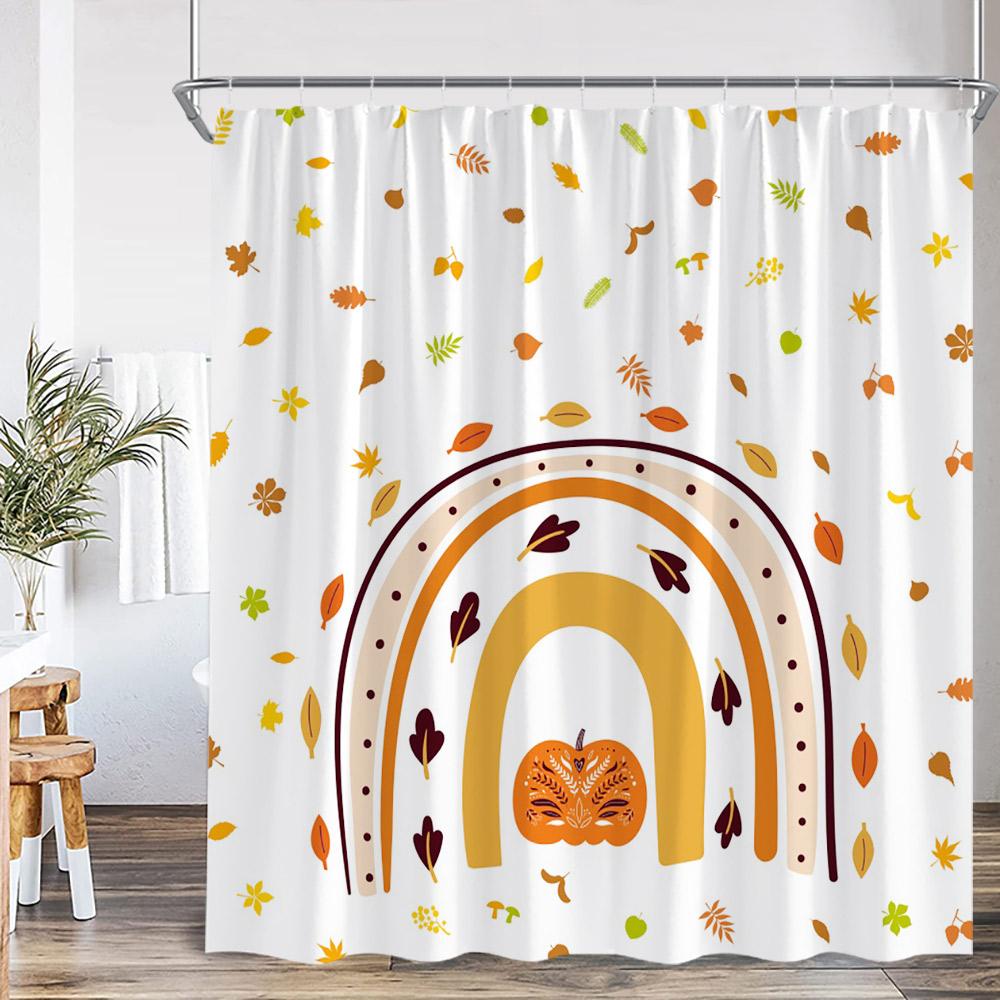 Cartoon Shower Curtain Autumn Leaf Heart Pattern Pink Love Doodle Bathroom Decor Kid Child Polyester Bath Curtain With Hook