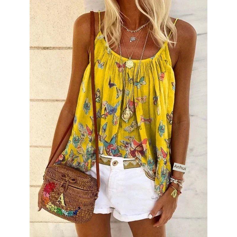Butterfly Print Halter Top T-shirt Fashion Butterfly Print Sling Tops T-shirt for Women