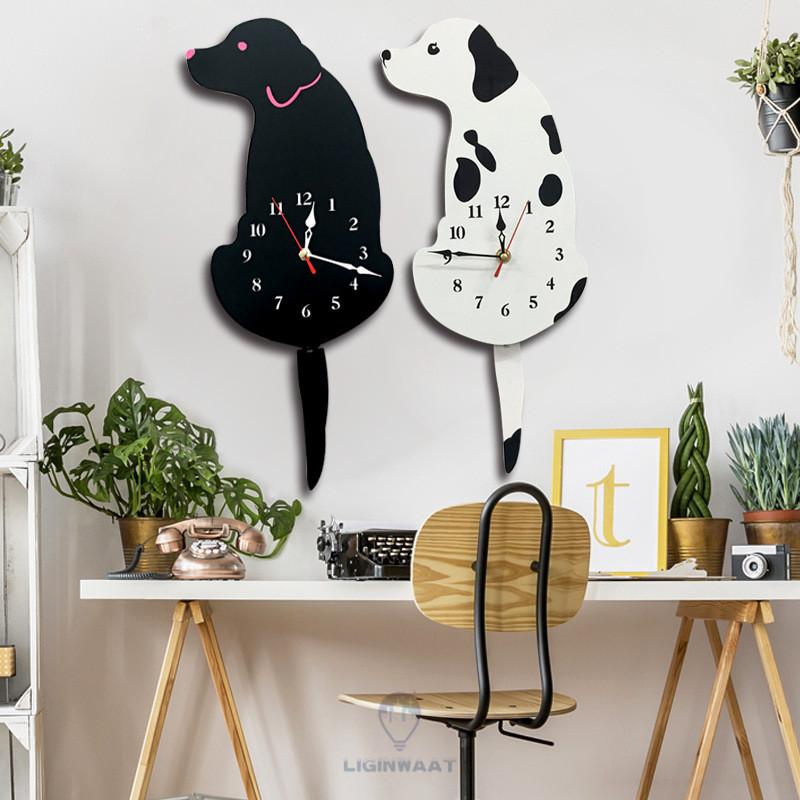 Cute Wagging Tail Cat Dog Design Wall Clock Kids Bedroom Wall Decoration Unique Gift Creative Cartoon Mute DIY Wall Clocks