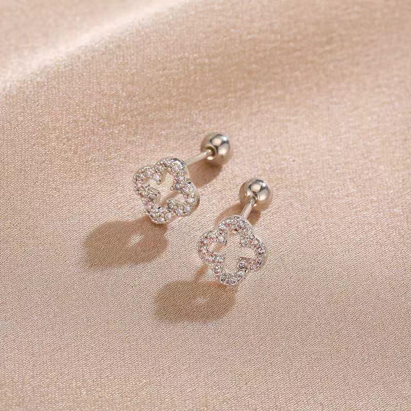 Four-Leaf Clover Sparkling Diamond Stud Earrings with Screw Back