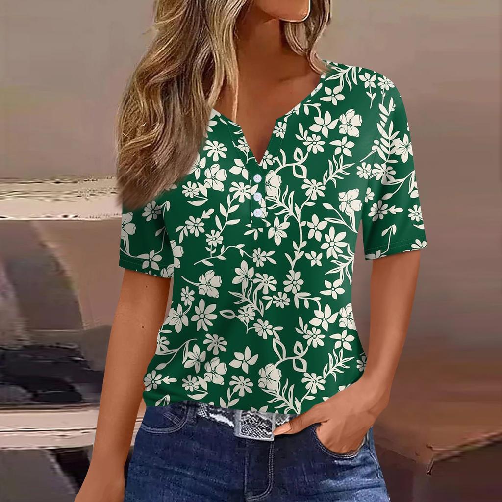 Women's T Shirt Tee Print Button Short Sleeve Daily Weekend Fashion Basic V- Neck Regular Top
