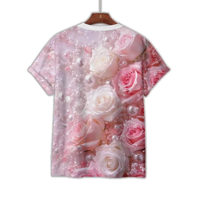 Fashion Women's Crew Neck T-Shirt 3D Flower Color Printing Short Sleeve